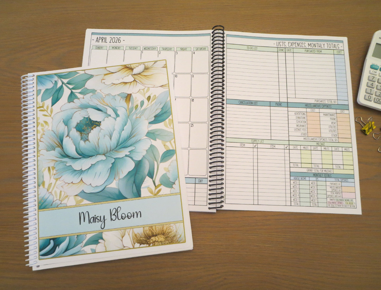 AQUA FLOWERS DESIGN - 12 Month Dated Appointment Book With Business Organizer/Planner + UPGRADE OPTIONS