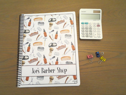 WATERCOLOR BARBER TOOLS DESIGN - Standard 12 Month Appointment Book - Start Any Month - 3 Sizes with Optional Income & Expenses Tracking
