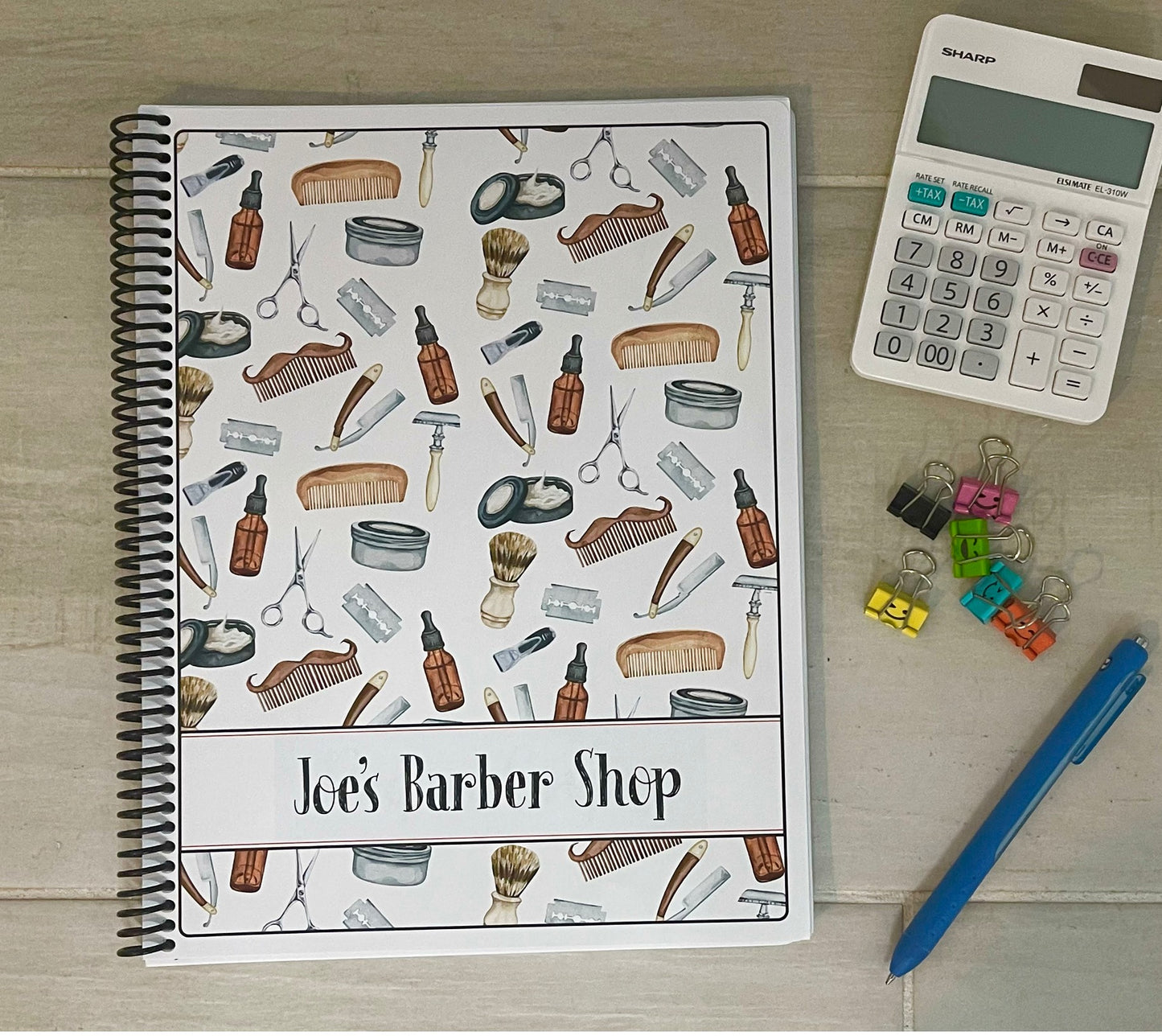 WATERCOLOR BARBER TOOLS DESIGN - Standard 12 Month Appointment Book - Start Any Month - 3 Sizes with Optional Income & Expenses Tracking