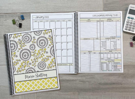 BOHO YELLOW DESIGN - 12 Month Dated Appointment Book With Business Organizer/Planner + UPGRADE OPTIONS
