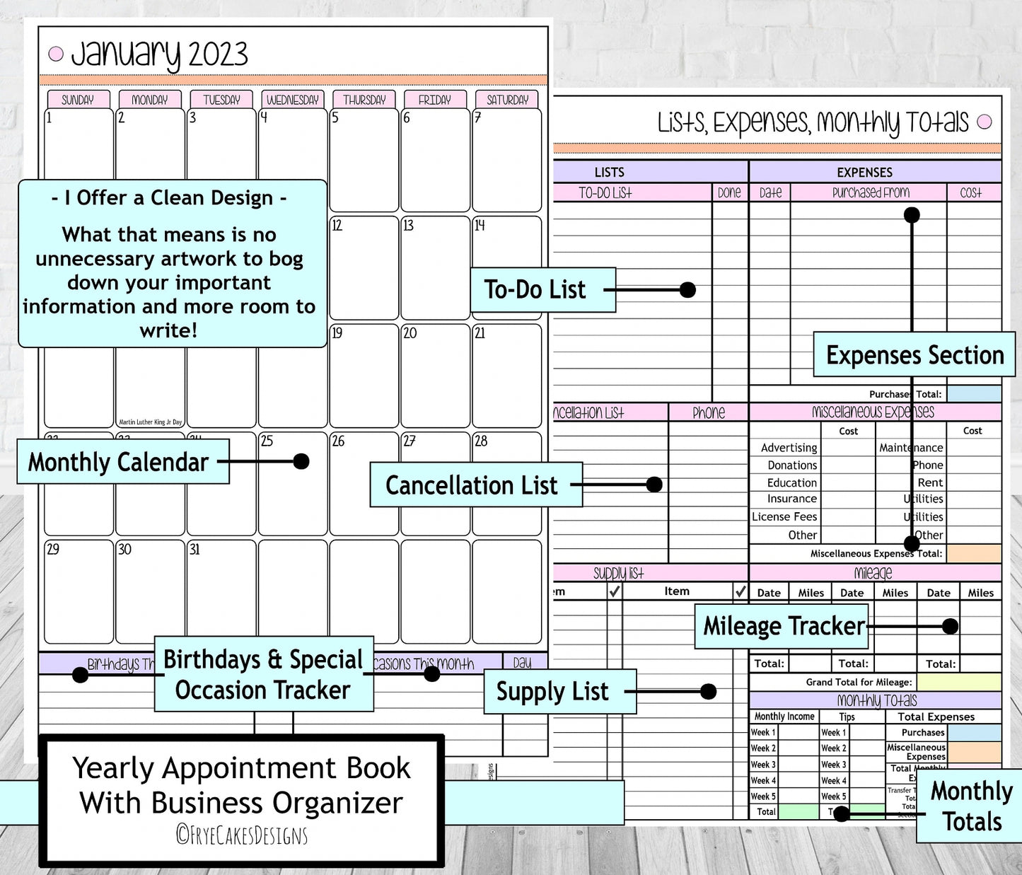 CARI DESIGN - 12 Month Dated Appointment Book With Business Organizer/Planner + UPGRADE OPTIONS