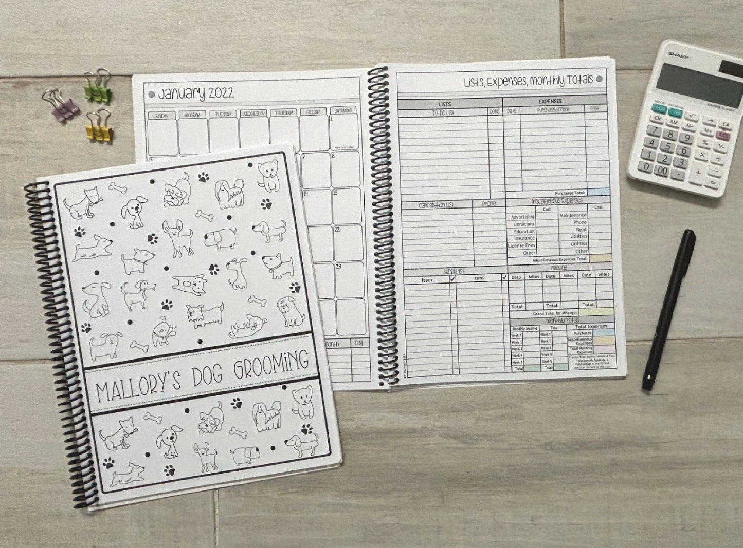 BLACK AND WHITE CARTOON PUPS - 12 Month Dated Appointment Book With Business Organizer/Planner + UPGRADE OPTIONS