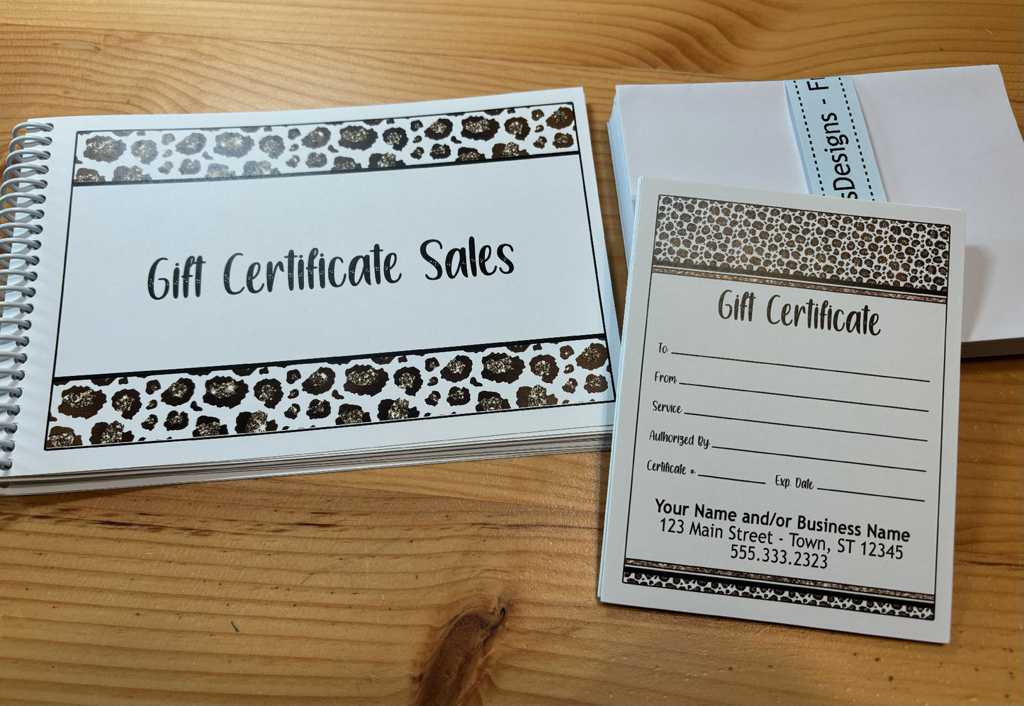 Personalized Gift Certificates - LEOPARD DESIGN - with Envelopes and Optional Sales Tracker