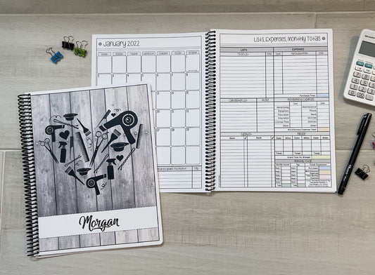 STYLIST HEART DARK WOOD DESIGN - 12 Month Dated Appointment Book With Business Organizer/Planner + UPGRADE OPTIONS