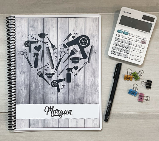 STYLIST HEART ON DARK WOOD DESIGN - Standard 12 Month Appointment Book - Start Any Month - 3 Sizes with Optional Income & Expenses Tracking
