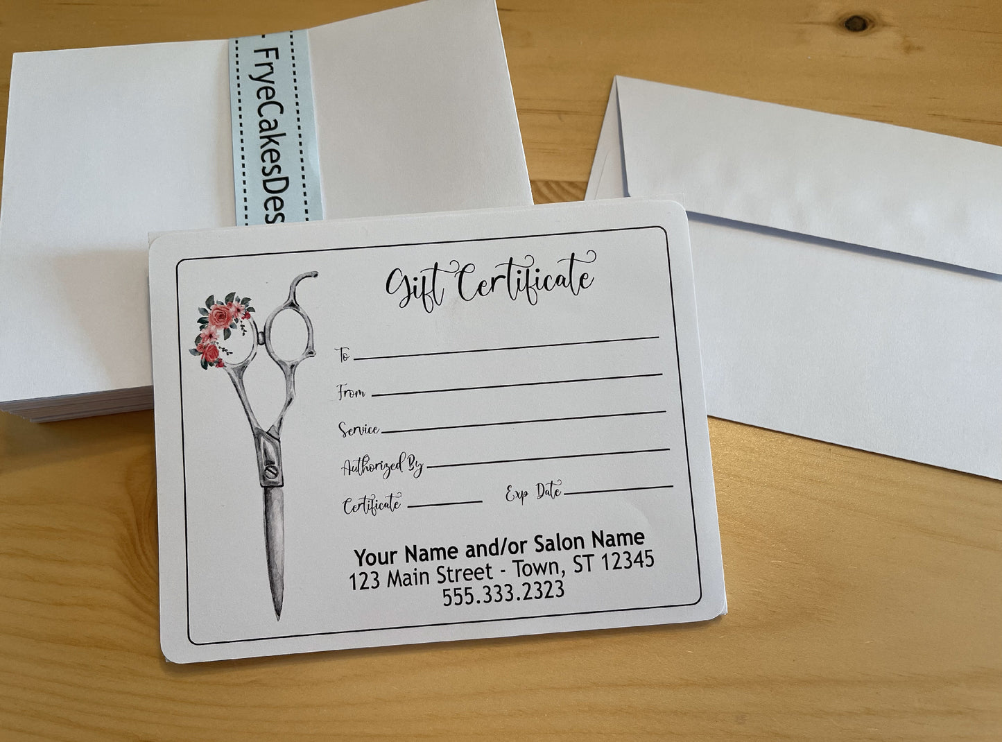 Personalized Gift Certificates FLORAL SCISSORS DESIGN - with envelopes and optional tracker