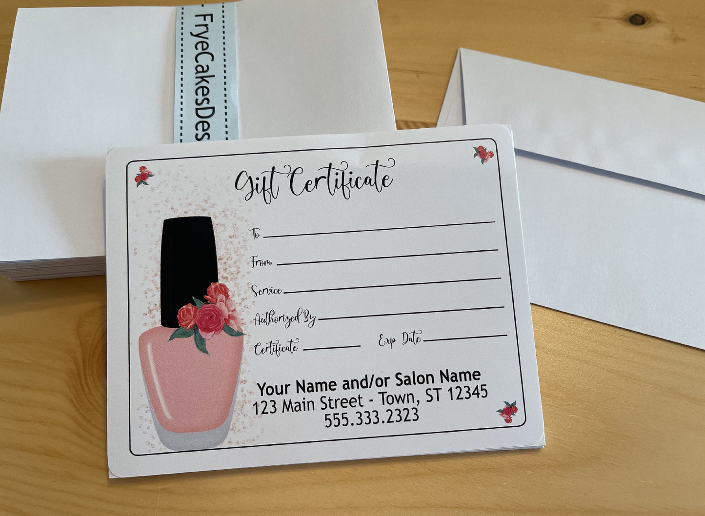 Personalized Gift Certificates FLORAL POLISH BOTTLE DESIGN - with Envelopes and Optional Sales Tracker