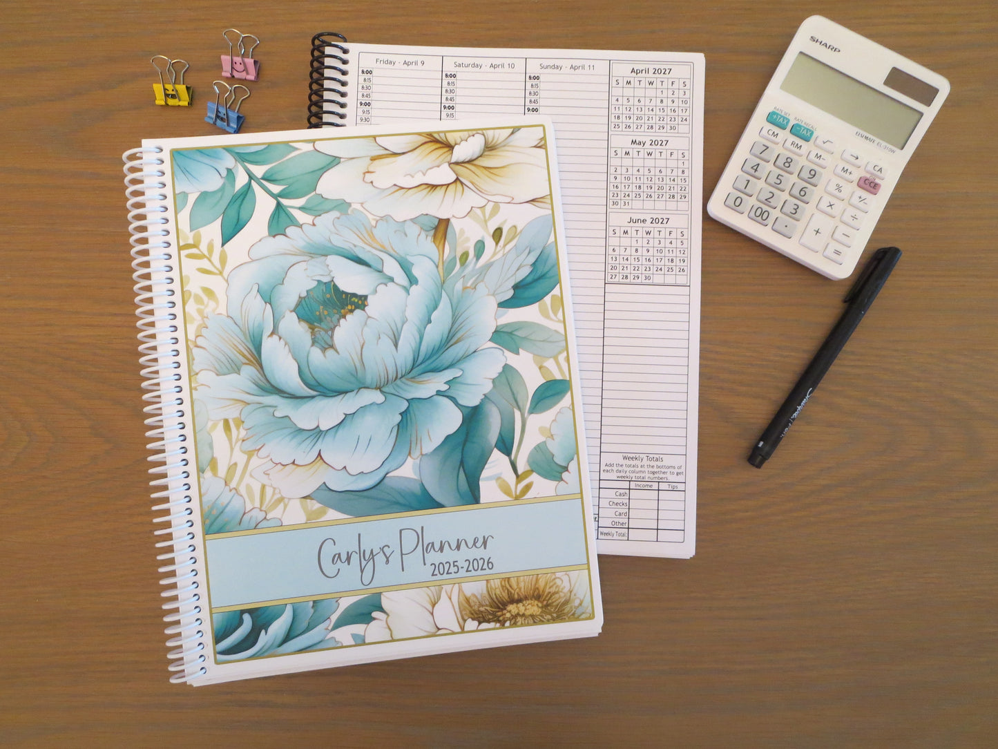 AQUA FLOWERS DESIGN - Standard 12 Month Appointment Book - Start Any Month - 3 Sizes with Optional Income & Expenses Tracking