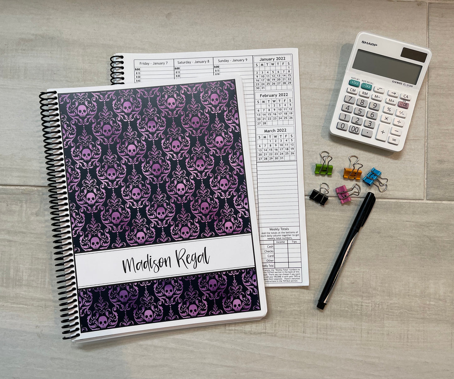 GOTHIC SKULLS DESIGN - CHOOSE FROM 4 COLORS - Standard 12 Month Appointment Book - Start Any Month - 3 Sizes with Optional Income & Expenses Tracking