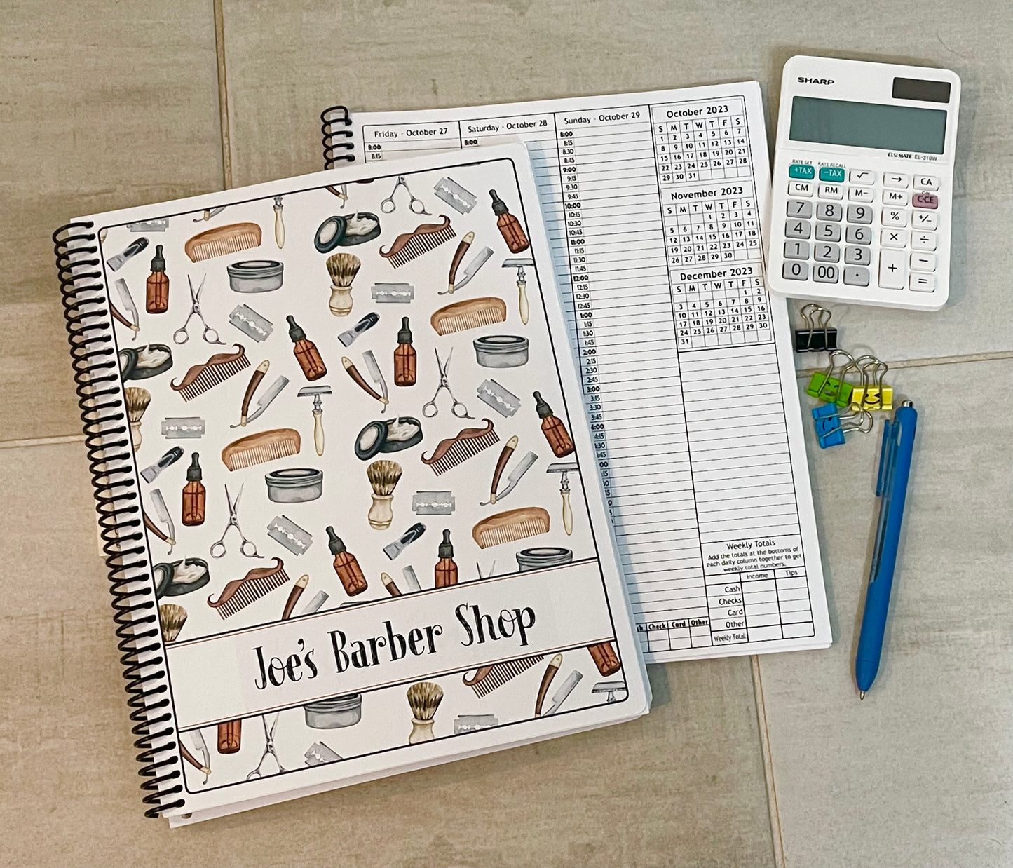 WATERCOLOR BARBER TOOLS DESIGN - 12 Month Dated Appointment Book With Business Organizer/Planner + UPGRADE OPTIONS