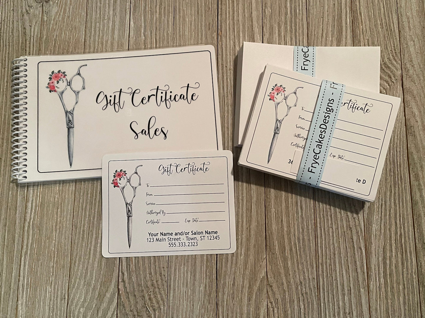 Personalized Gift Certificates FLORAL SCISSORS DESIGN - with envelopes and optional tracker