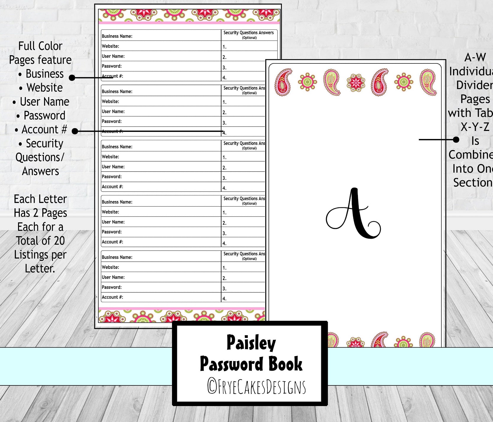 Password Organizer - Pink Paisley Design – FryeCakes Designs