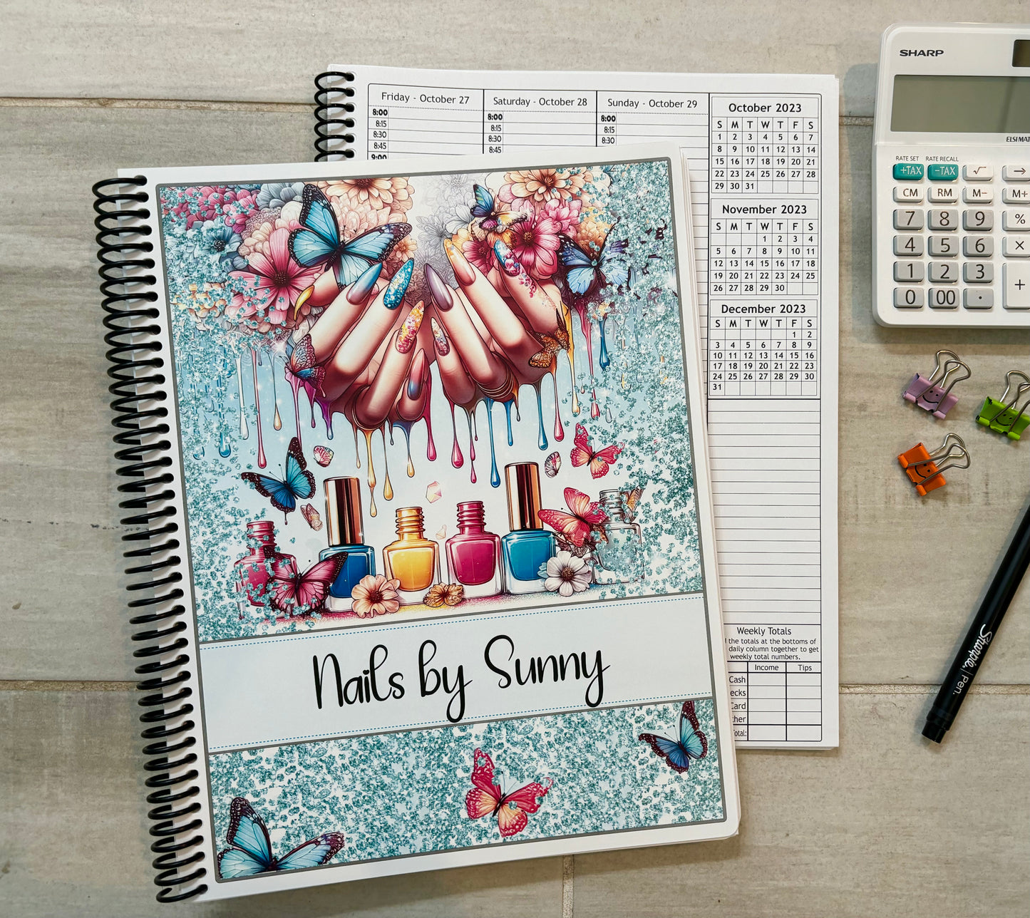 NAIL GLITTER & BUTTERFLIES DESIGN - Standard 12 Month Appointment Book - Start Any Month - 3 Sizes with Optional Income & Expenses Tracking