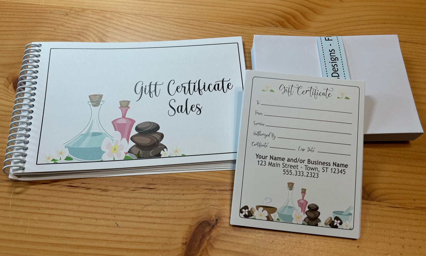 Personalized Gift Certificates - SPA/MASSAGE DESIGN - with Envelopes and Optional Sales Tracker