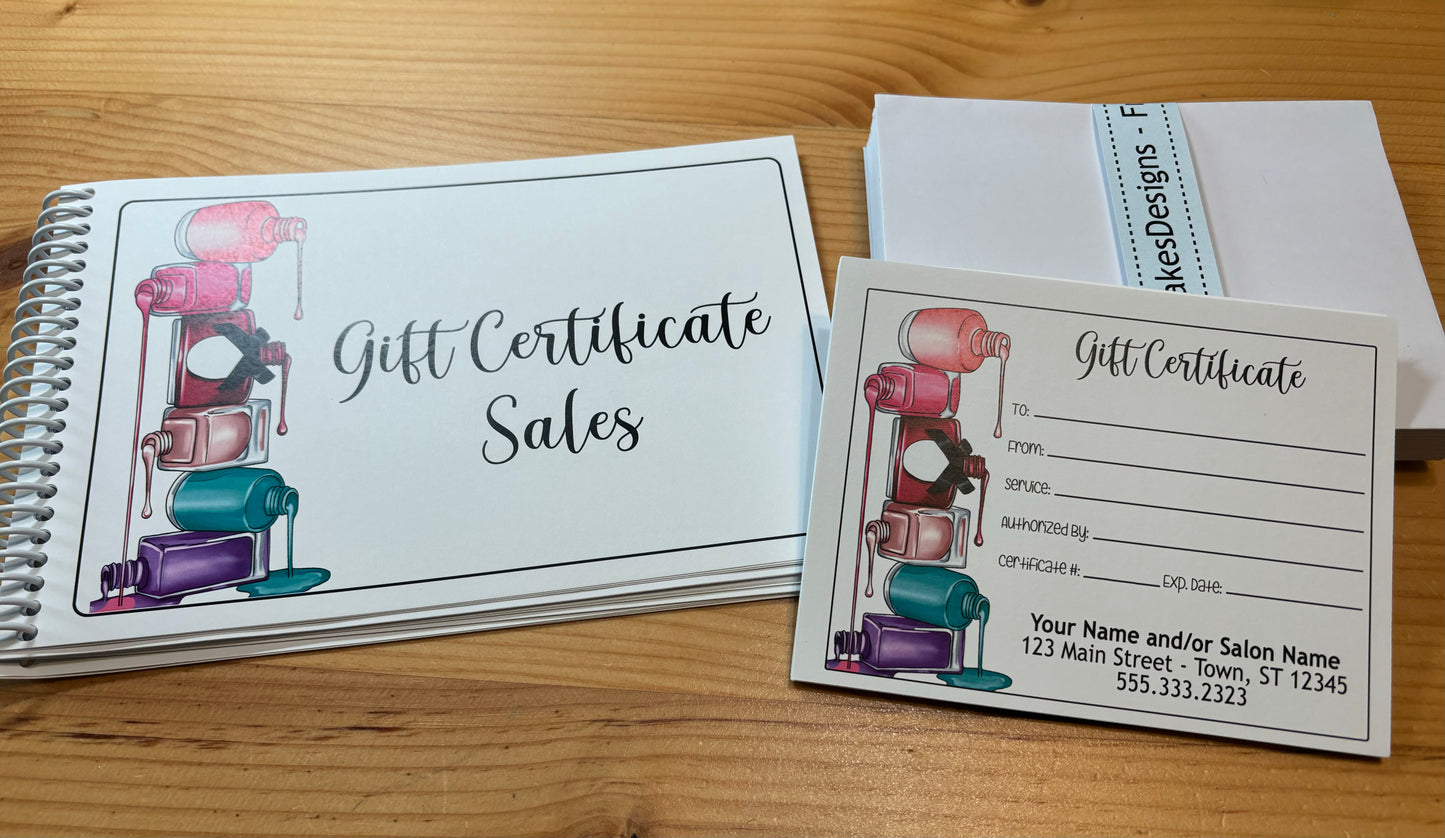 Personalized Gift Certificates - STACKED POLISHES DESIGN - with Envelopes and Optional Sales Tracker