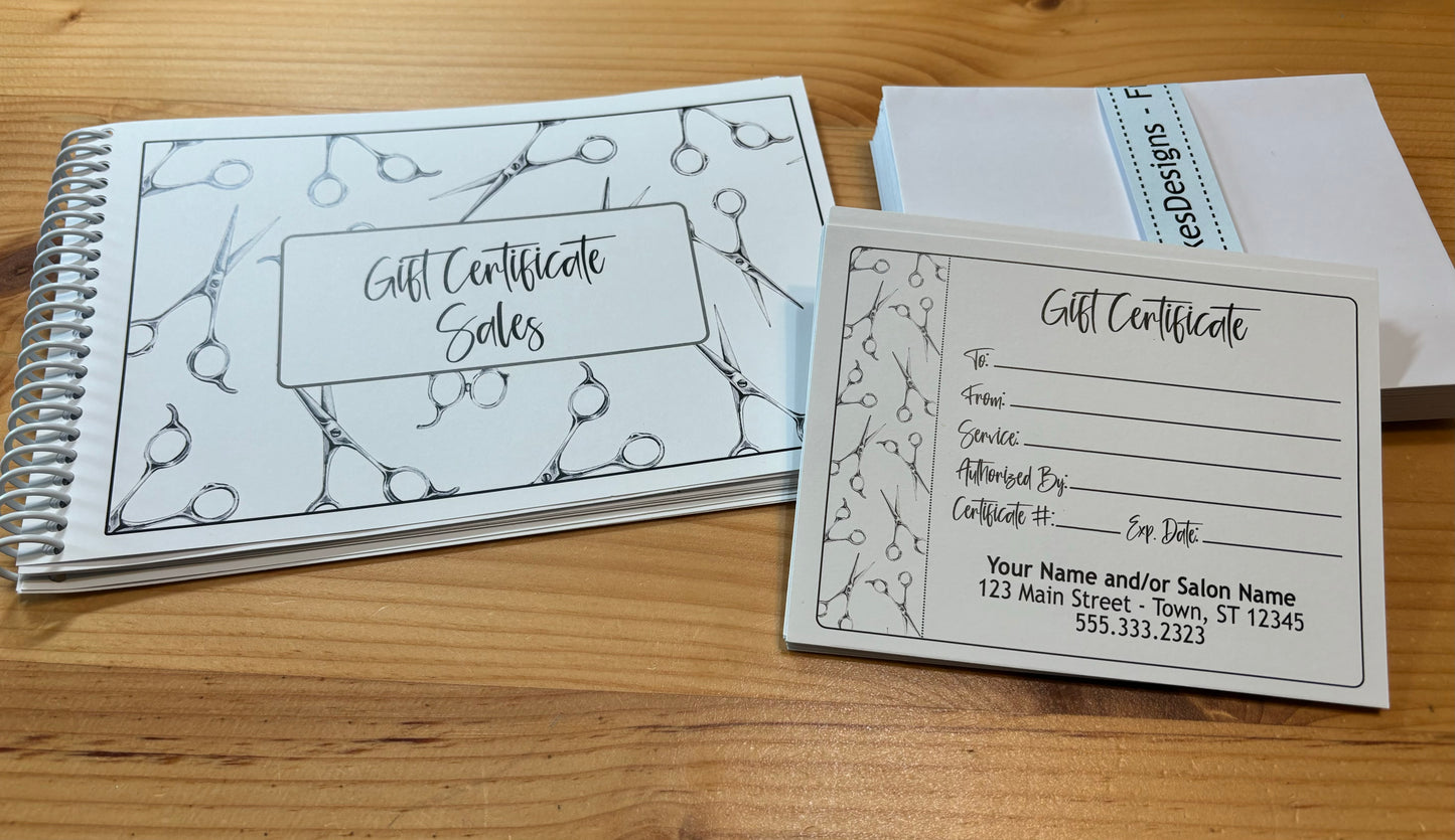 Personalized Gift Certificates - STYLIST SCISSORS DESIGN - with Envelopes and Optional Sales Tracker
