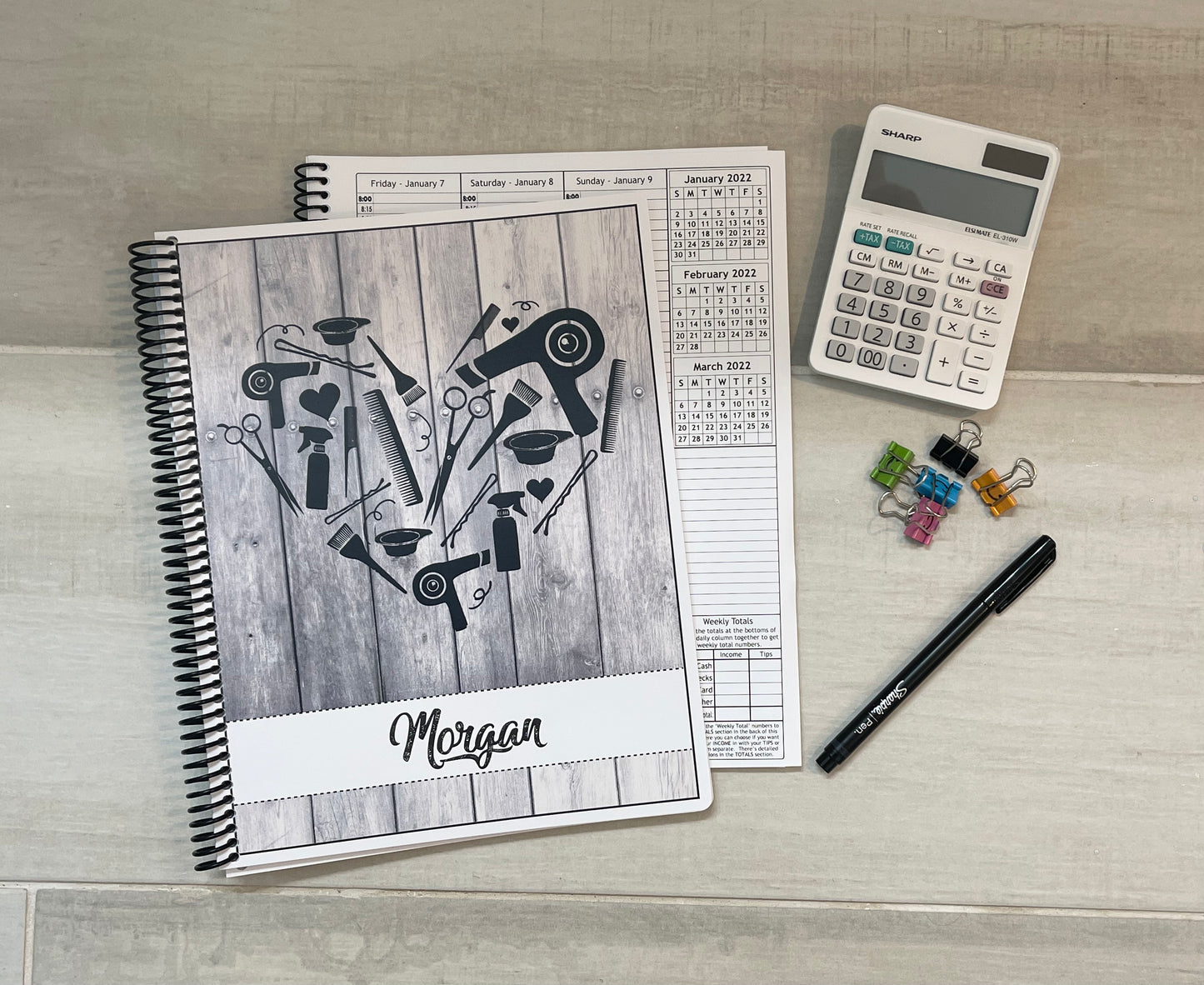 STYLIST HEART DARK WOOD DESIGN - 12 Month Dated Appointment Book With Business Organizer/Planner + UPGRADE OPTIONS