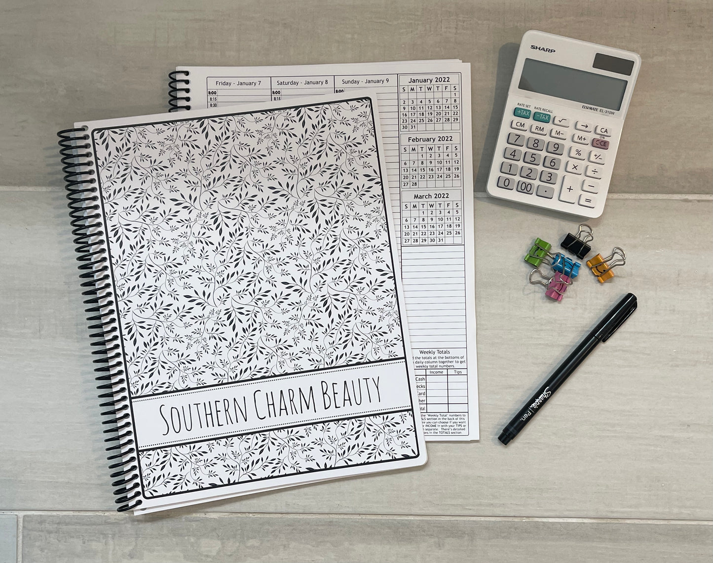 BLACK & WHITE FLORAL DESIGN- Standard 12 Month Appointment Book - Start Any Month - 3 Sizes with Optional Income & Expenses Tracking