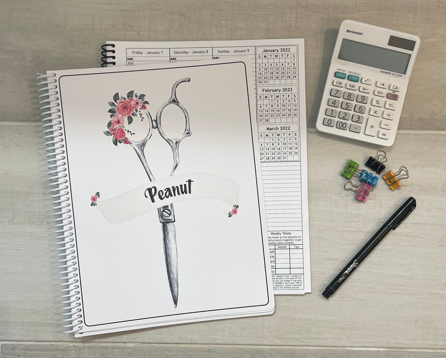 FLORAL SCISSORS DESIGN - Standard 12 Month Appointment Book - Start Any Month - 3 Sizes with Optional Income & Expenses Tracking