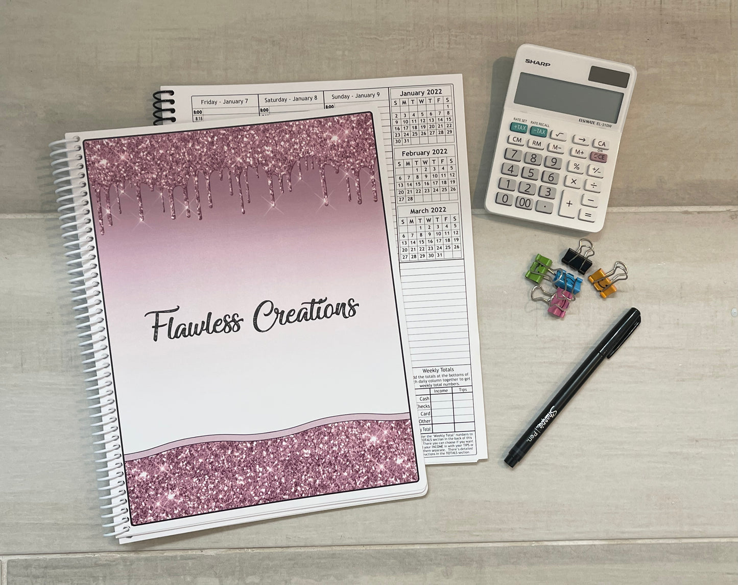 PINK GLITTER DESIGN- Standard 12 Month Appointment Book - Start Any Month - 3 Sizes with Optional Income & Expenses Tracking