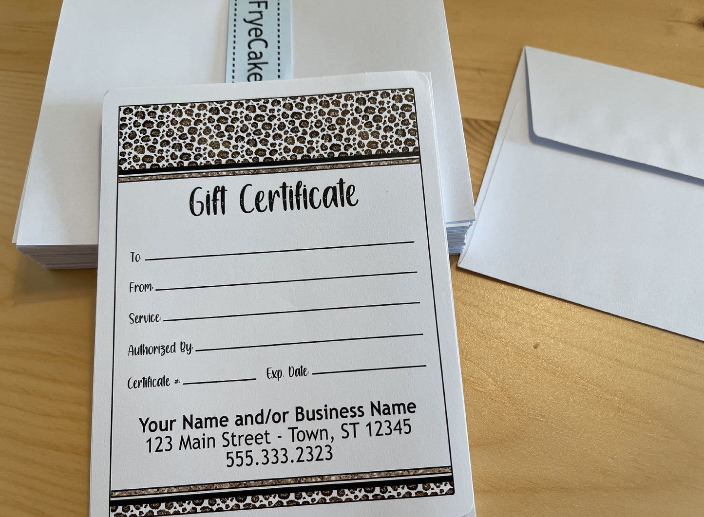 Personalized Gift Certificates - LEOPARD DESIGN - with Envelopes and Optional Sales Tracker