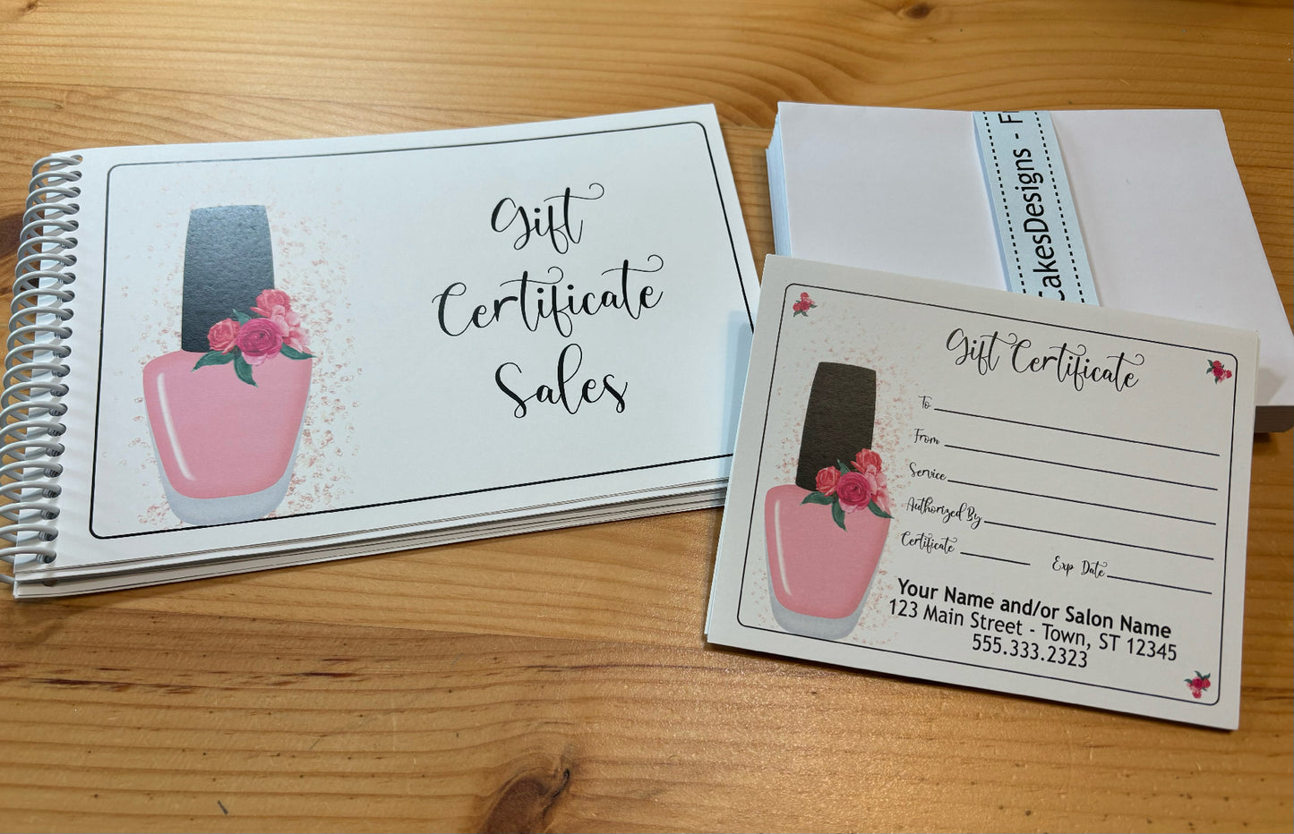 Personalized Gift Certificates FLORAL POLISH BOTTLE DESIGN - with Envelopes and Optional Sales Tracker