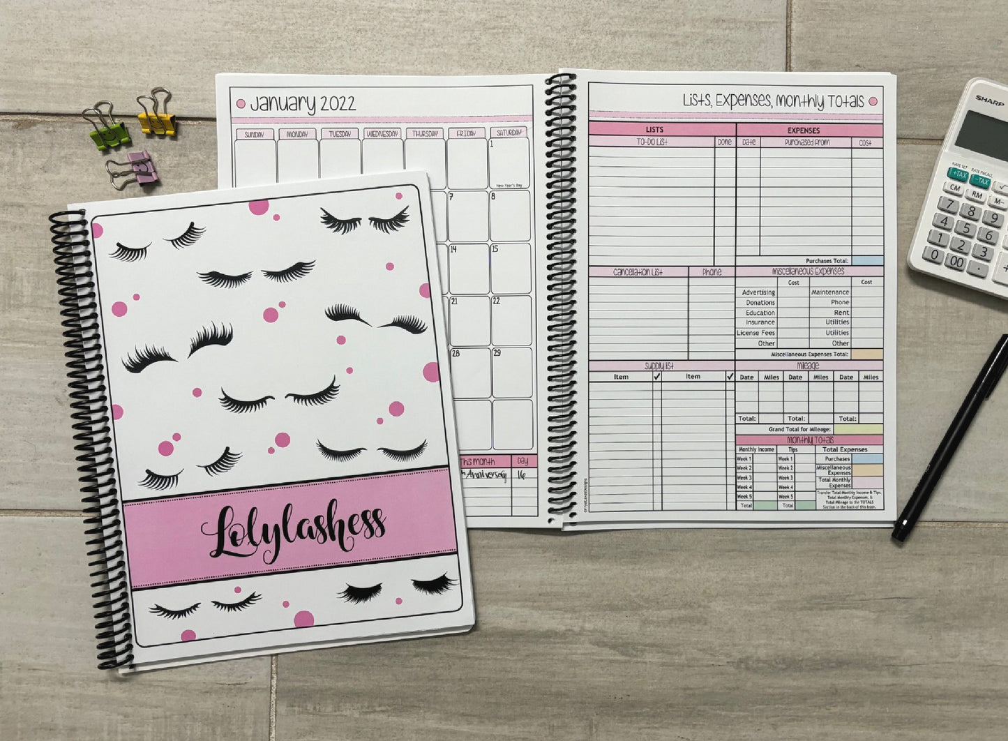 LOTS OF LASHES - PINK DESIGN - 12 Month Dated Appointment Book With Business Organizer/Planner + UPGRADE OPTIONS