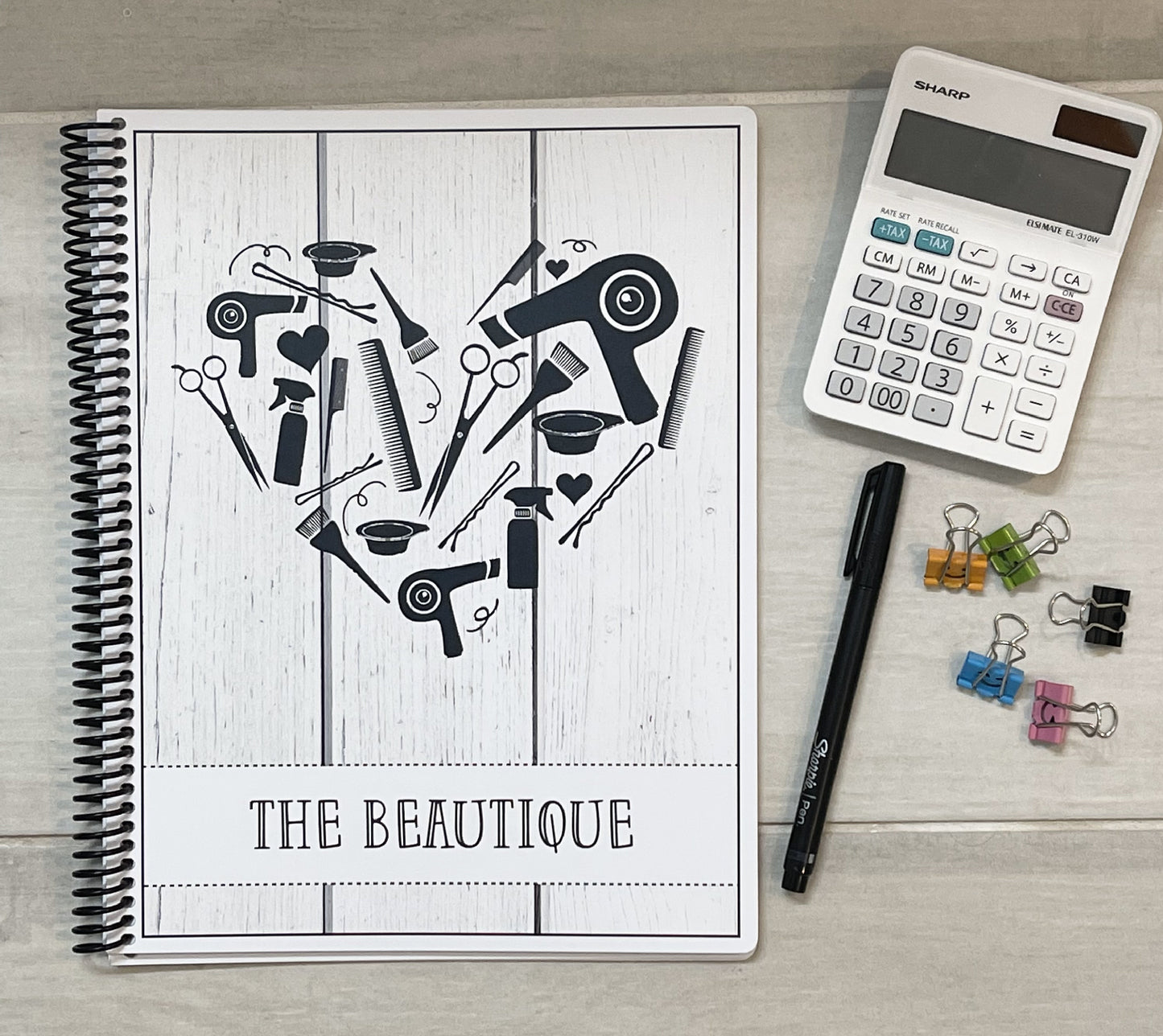 STYLIST HEART ON LIGHT WOOD DESIGN - Standard 12 Month Appointment Book - Start Any Month - 3 Sizes with Optional Income & Expenses Tracking