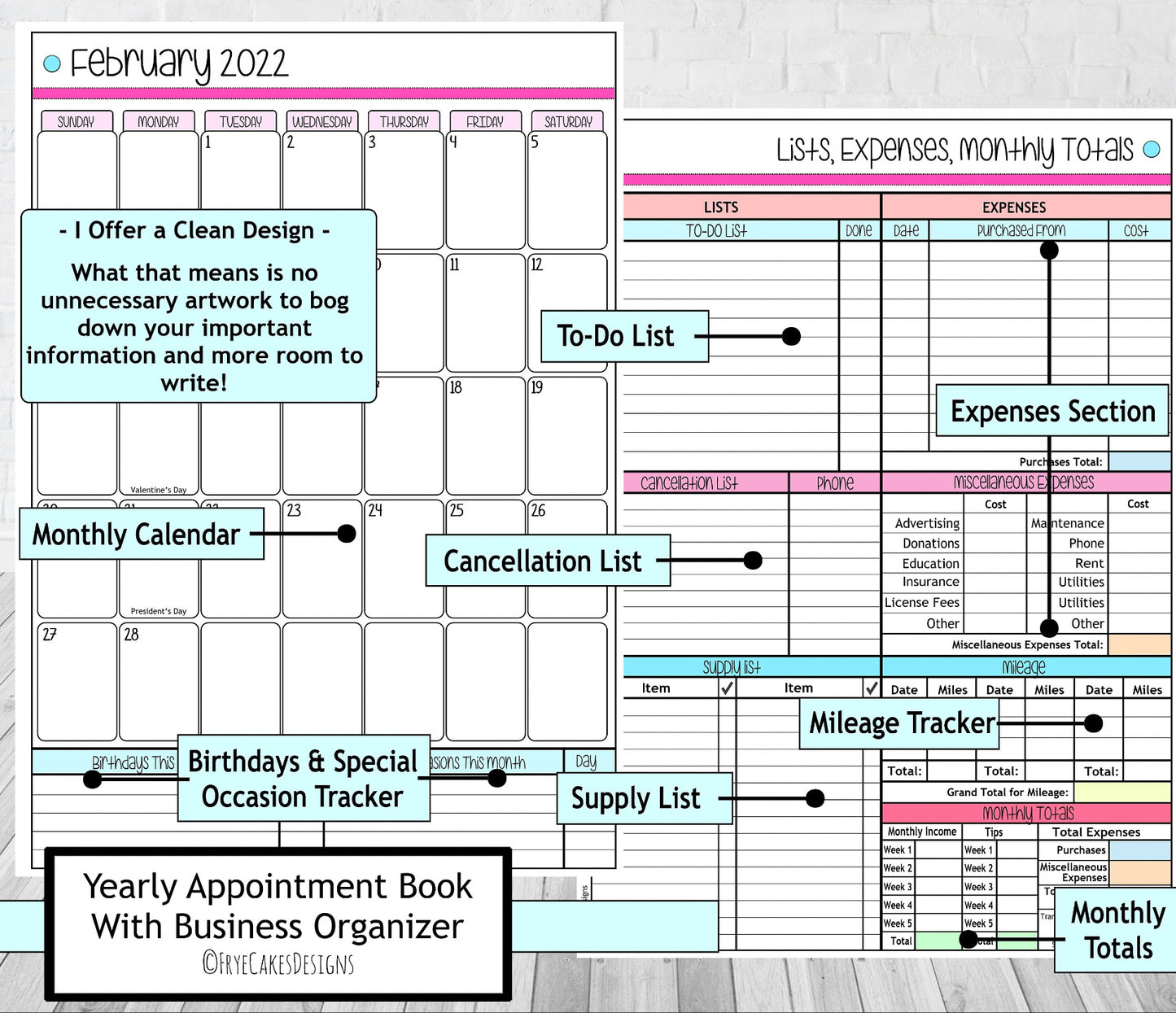 PRETTY PETS DESIGN - 12 Month Dated Appointment Book With Business Organizer/Planner + UPGRADE OPTIONS