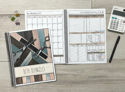 STYLIST TOOLS ON WOOD DESIGN - 12 Month Dated Appointment Book With Business Organizer/Planner + UPGRADE OPTIONS