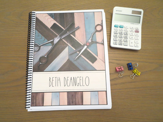 STYLIST TOOLS ON WOOD DESIGN - Standard 12 Month Appointment Book - Start Any Month - 3 Sizes with Optional Income & Expenses Tracking