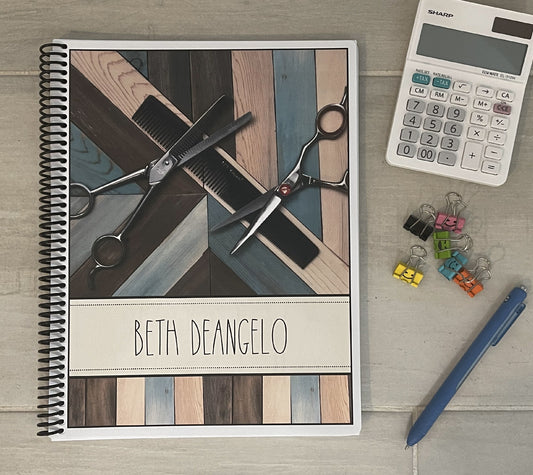STYLIST TOOLS ON WOOD DESIGN - Standard 12 Month Appointment Book - Start Any Month - 3 Sizes with Optional Income & Expenses Tracking