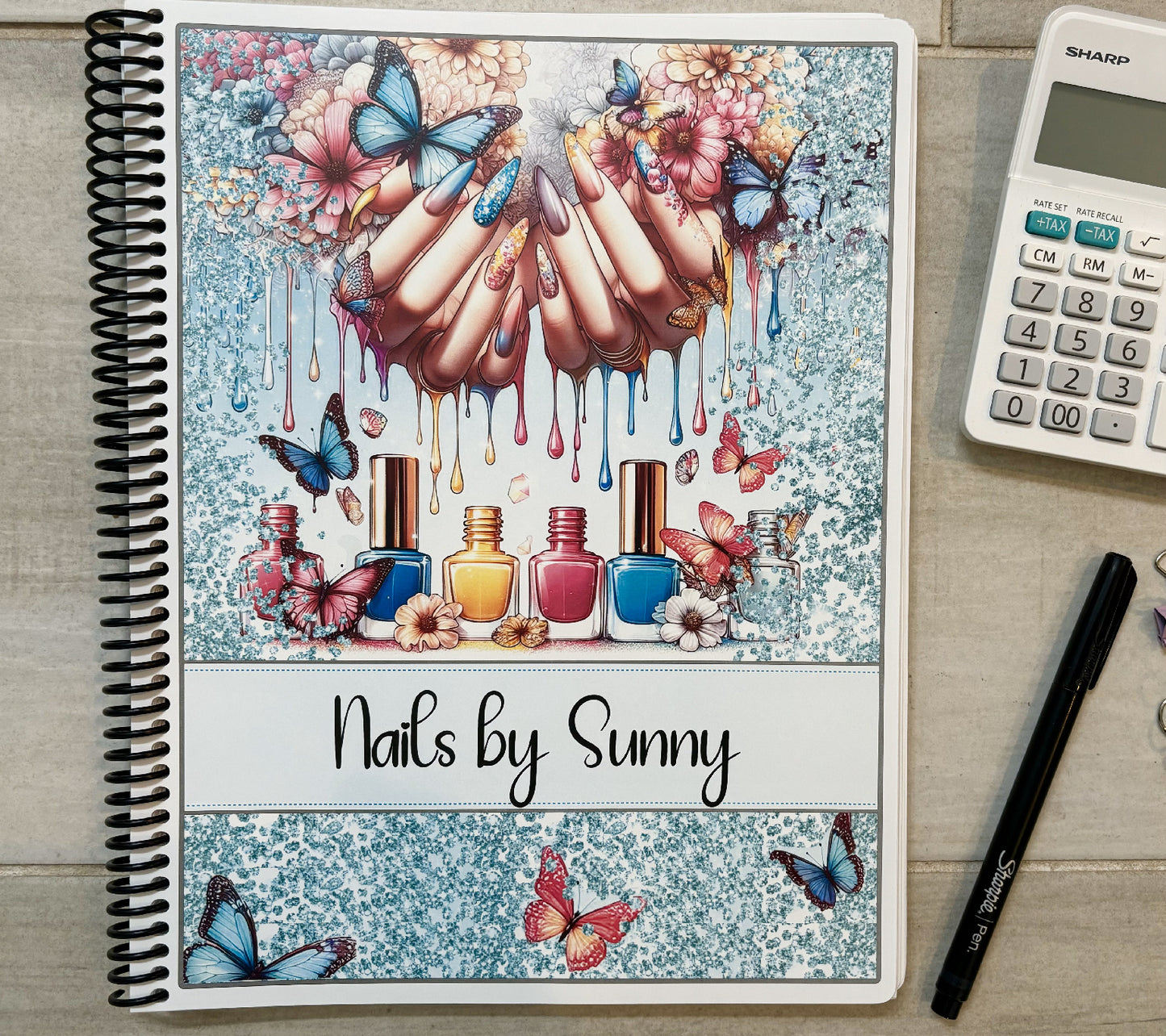 NAIL GLITTER & BUTTERFLIES DESIGN - Standard 12 Month Appointment Book - Start Any Month - 3 Sizes with Optional Income & Expenses Tracking