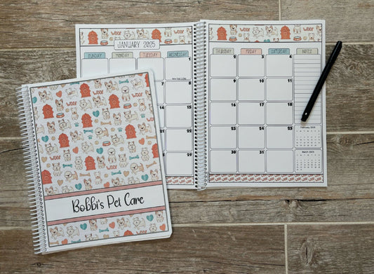 2025-2026 Pet Sitter Planner & Organizer with Pet and Owner Info Pages.  Large or Medium.  ORANGE & TAN PUPS DESIGN