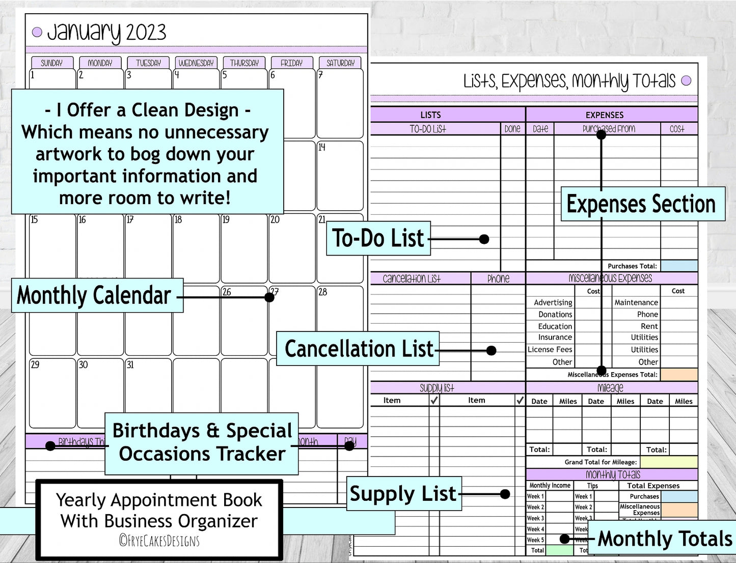 LOTS OF LASHES - PURPLE DESIGN - 12 Month Dated Appointment Book With Business Organizer/Planner + UPGRADE OPTIONS