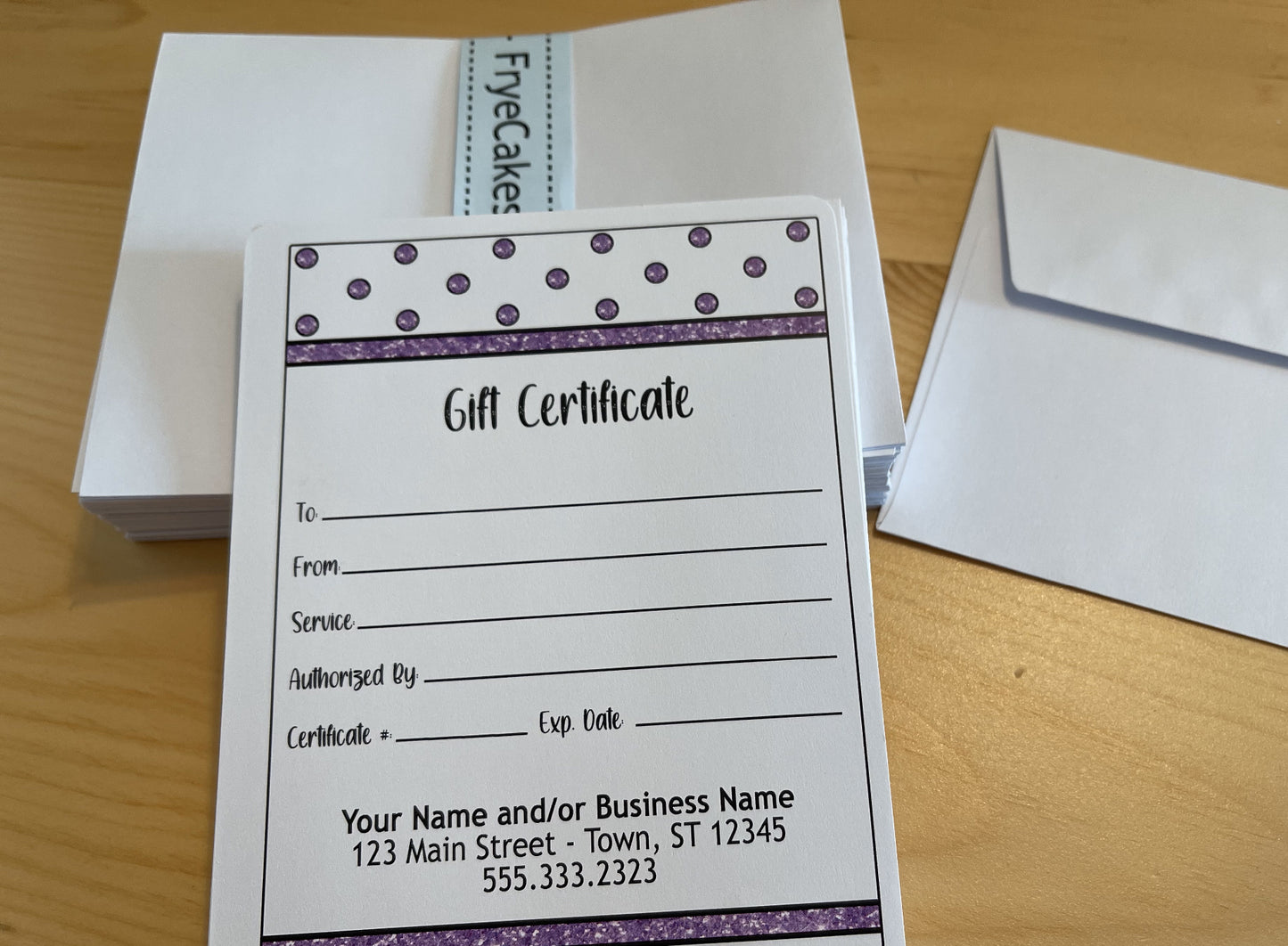 Personalized Gift Certificates - PURPLE GLITTER DESIGN - with Envelopes and Optional Sales Tracker