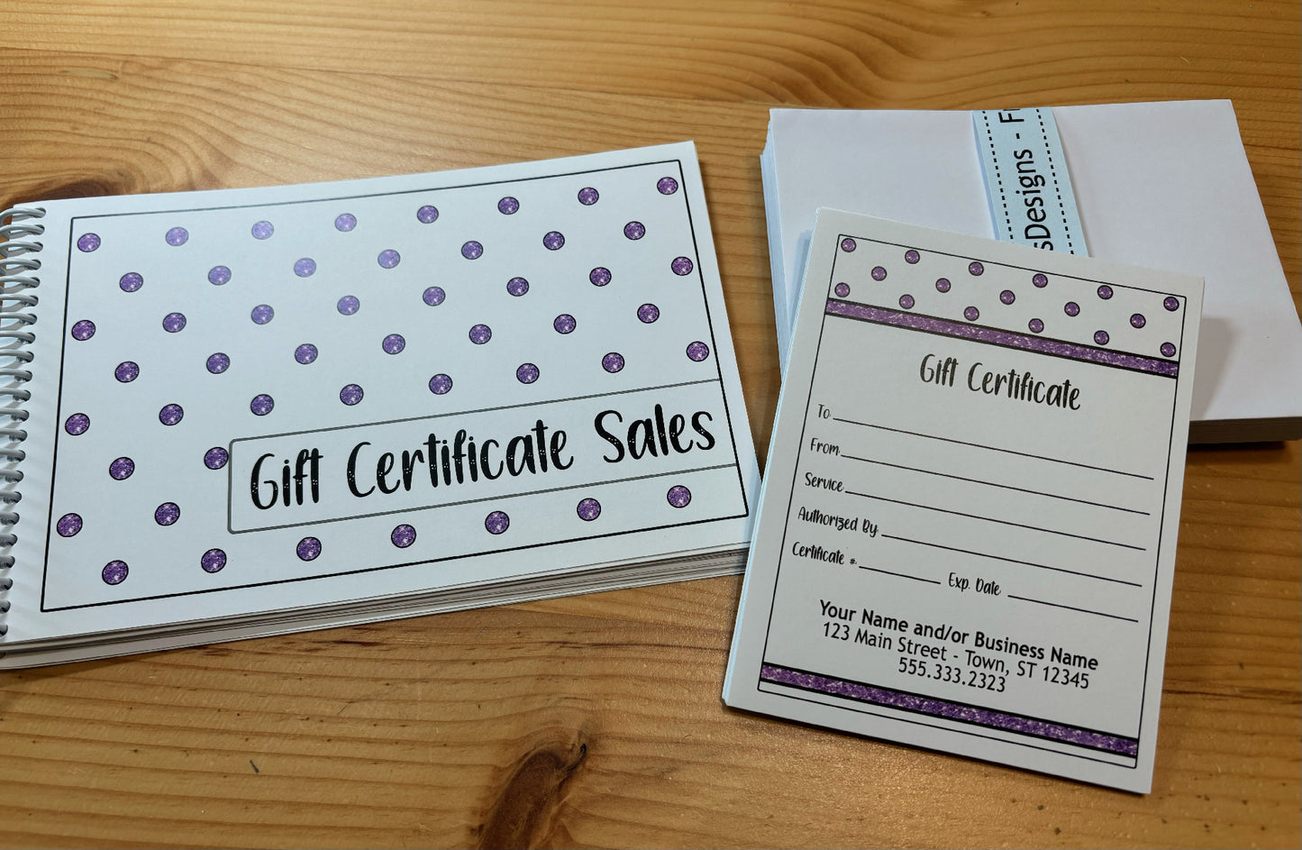 Personalized Gift Certificates - PURPLE GLITTER DESIGN - with Envelopes and Optional Sales Tracker
