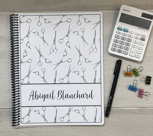 STYLIST SCISSORS DESIGN - Standard 12 Month Appointment Book - Start Any Month - 3 Sizes with Optional Income & Expenses Tracking