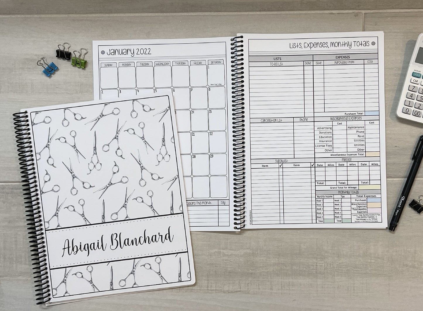 STYLIST SCISSORS DESIGN - 12 Month Dated Appointment Book With Business Organizer/Planner + UPGRADE OPTIONS