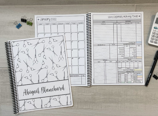 STYLIST SCISSORS DESIGN - 12 Month Dated Appointment Book With Business Organizer/Planner + UPGRADE OPTIONS