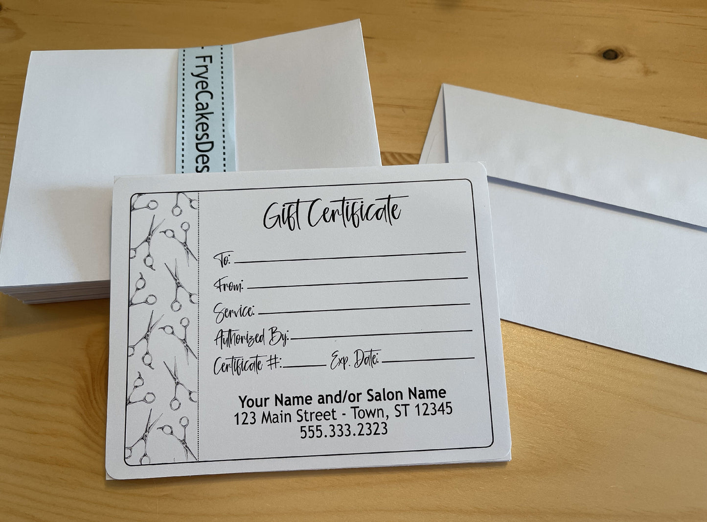 Personalized Gift Certificates - STYLIST SCISSORS DESIGN - with Envelopes and Optional Sales Tracker