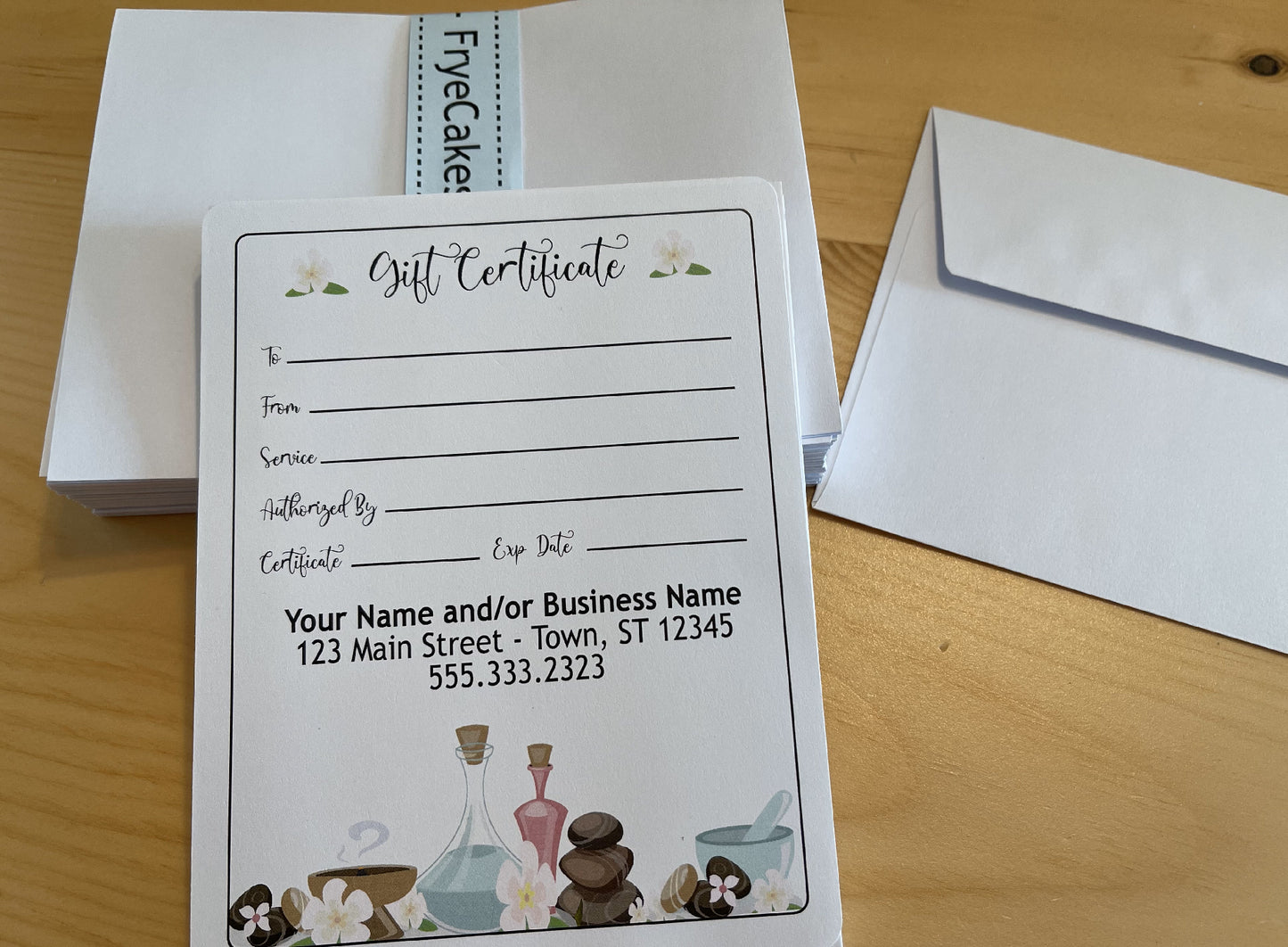 Personalized Gift Certificates - SPA/MASSAGE DESIGN - with Envelopes and Optional Sales Tracker