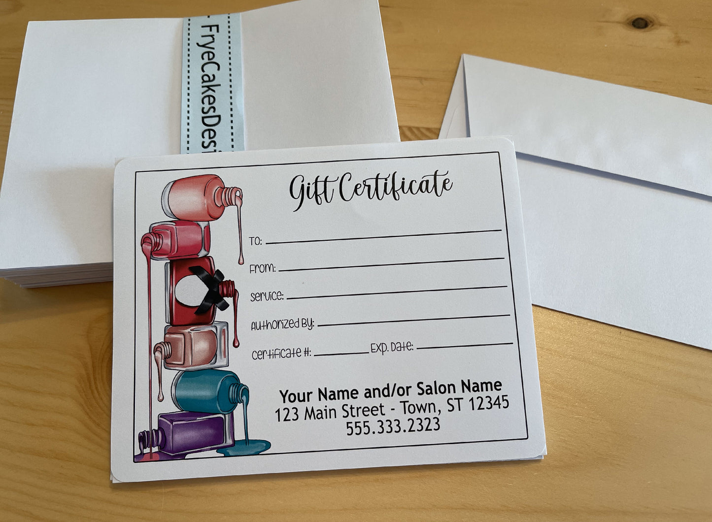 Personalized Gift Certificates - STACKED POLISHES DESIGN - with Envelopes and Optional Sales Tracker
