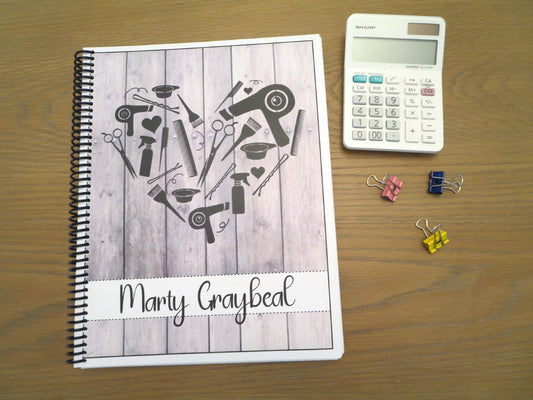STYLIST HEART ON DARK WOOD DESIGN - Standard 12 Month Appointment Book - Start Any Month - 3 Sizes with Optional Income & Expenses Tracking