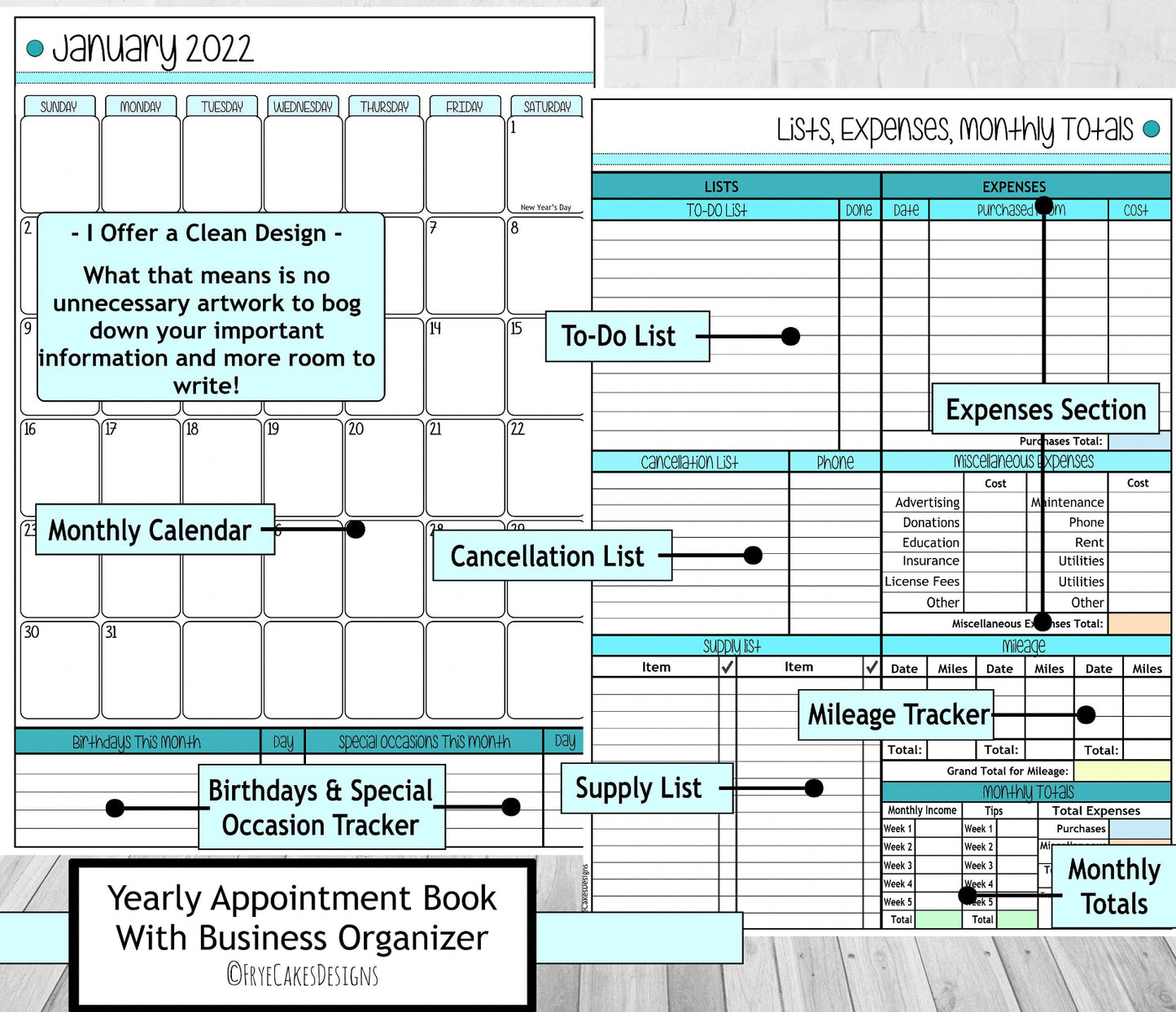 CUTE DOGS - TEAL DESIGN - 12 Month Dated Appointment Book With Business Organizer/Planner + UPGRADE OPTIONS