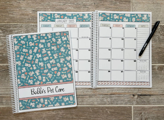 2025-2026 Pet Sitter Planner & Organizer with Pet and Owner Info Pages.  Large or Medium.  TEAL PUPS DESIGN