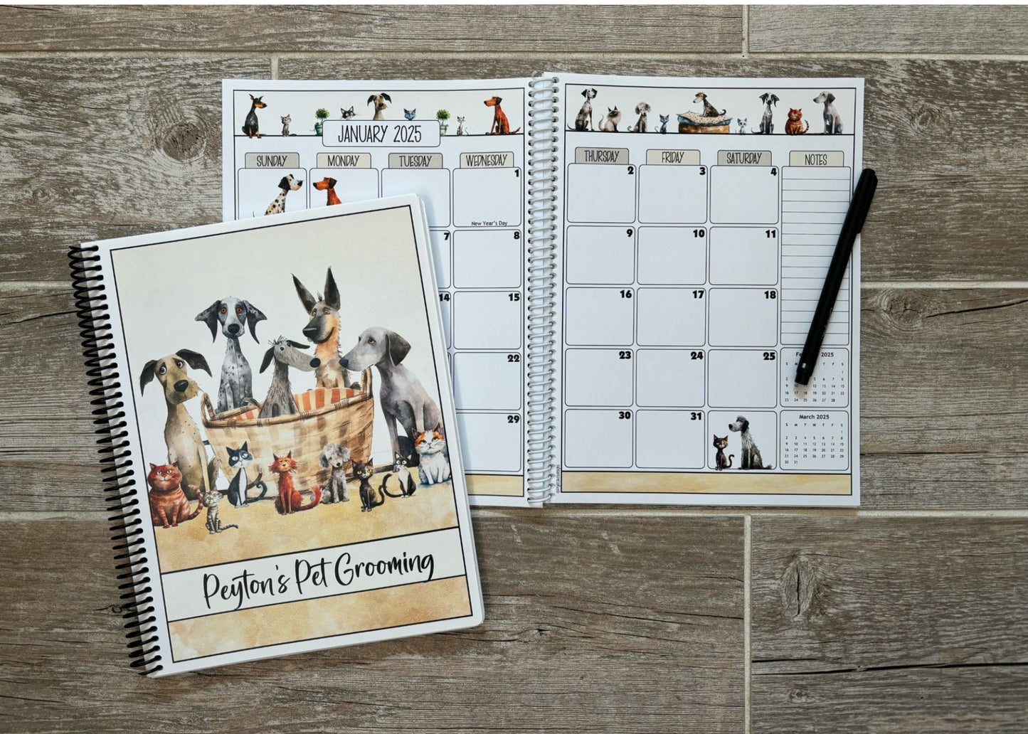 2025-2026 Pet Sitter Planner & Organizer with Pet and Owner Info Pages.  Large or Medium.  ILLUSTRATED PETS DESIGN