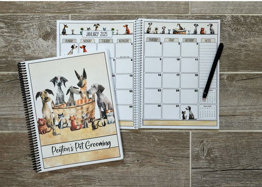 2025-2026 Pet Sitter Planner & Organizer with Pet and Owner Info Pages.  Large or Medium.  ILLUSTRATED PETS DESIGN