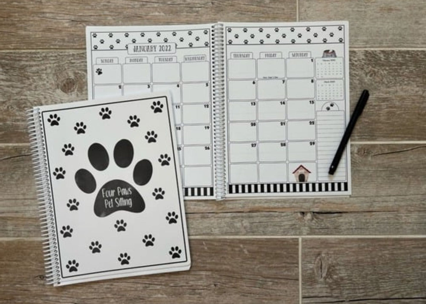 2025-2026 Pet Sitter Planner & Organizer with Pet and Owner Info Pages.  Large or Medium.  BLACK PAW PRINTS DESIGN DESIGN