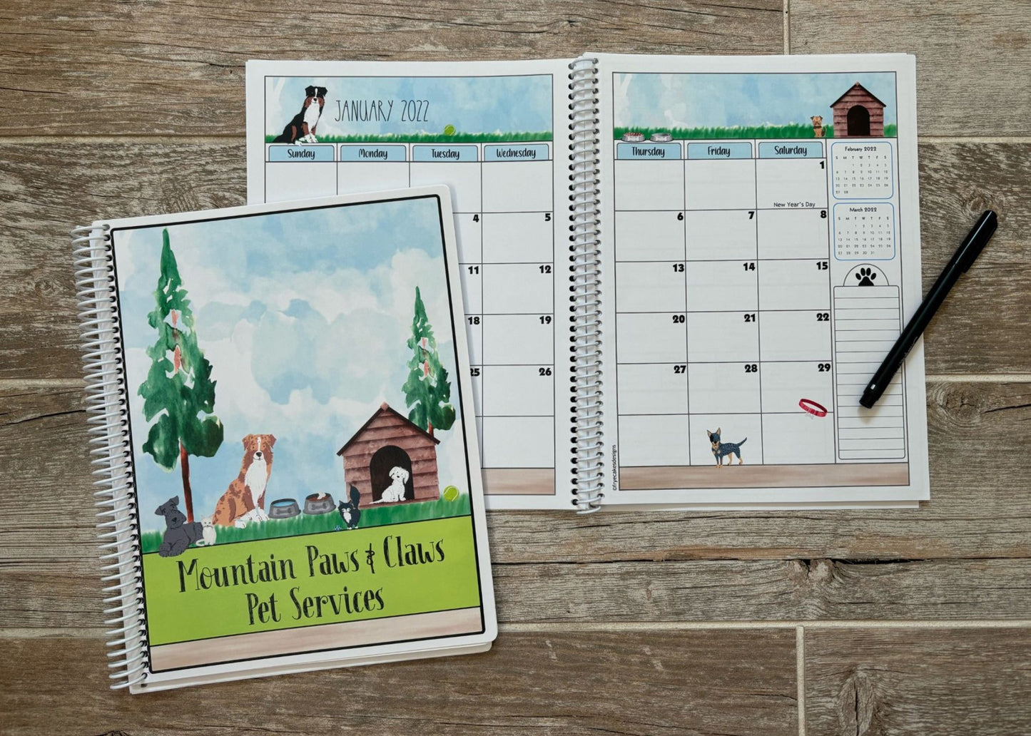 2025-2026 Pet Sitter Planner & Organizer with Pet and Owner Info Pages.  Large or Medium.  WATERCOLOR PETS DESIGN